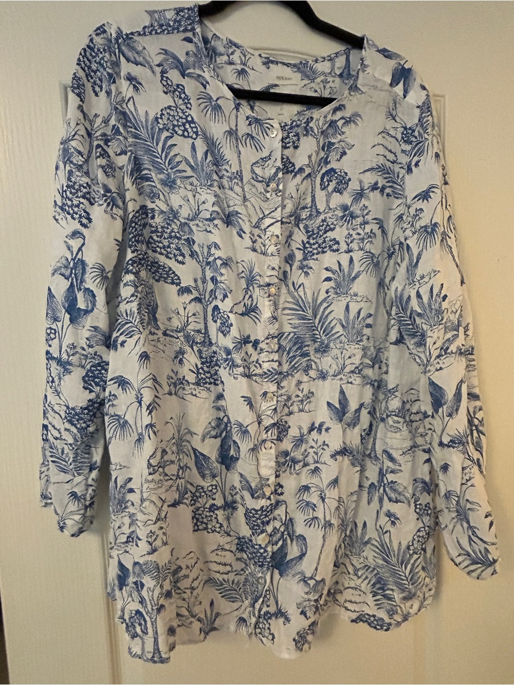 Joie White and Blue Tropical Print Button-Down Tunic